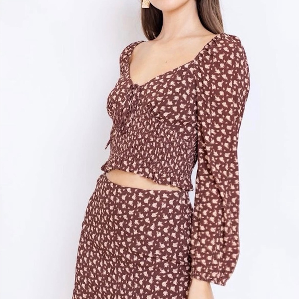 Le Lis Brown Floral Long Sleeve Crop Top